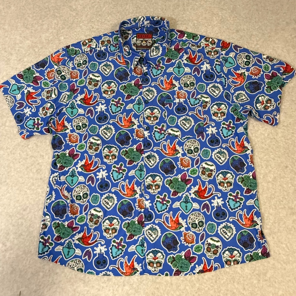 Dixxon Flannel Co Los Muertos Blue Sugar Skull D-Lite Shirt Mens 4X Short Sleeve - Picture 2 of 12